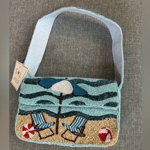 Beaded Beach Scene Women's Bag - Blue and Tan